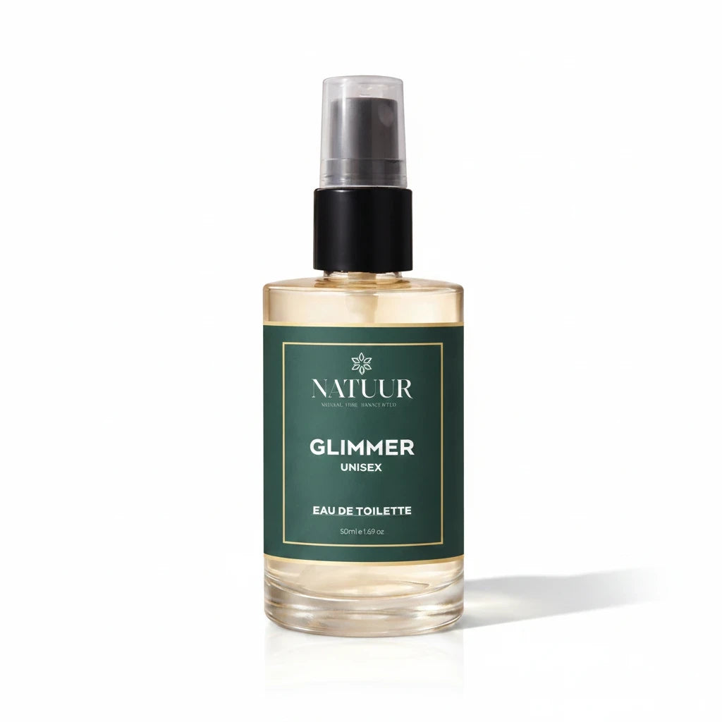Natuur.in Glimmer unisex eau de toilette spray bottle with a dark green label on a white background.
