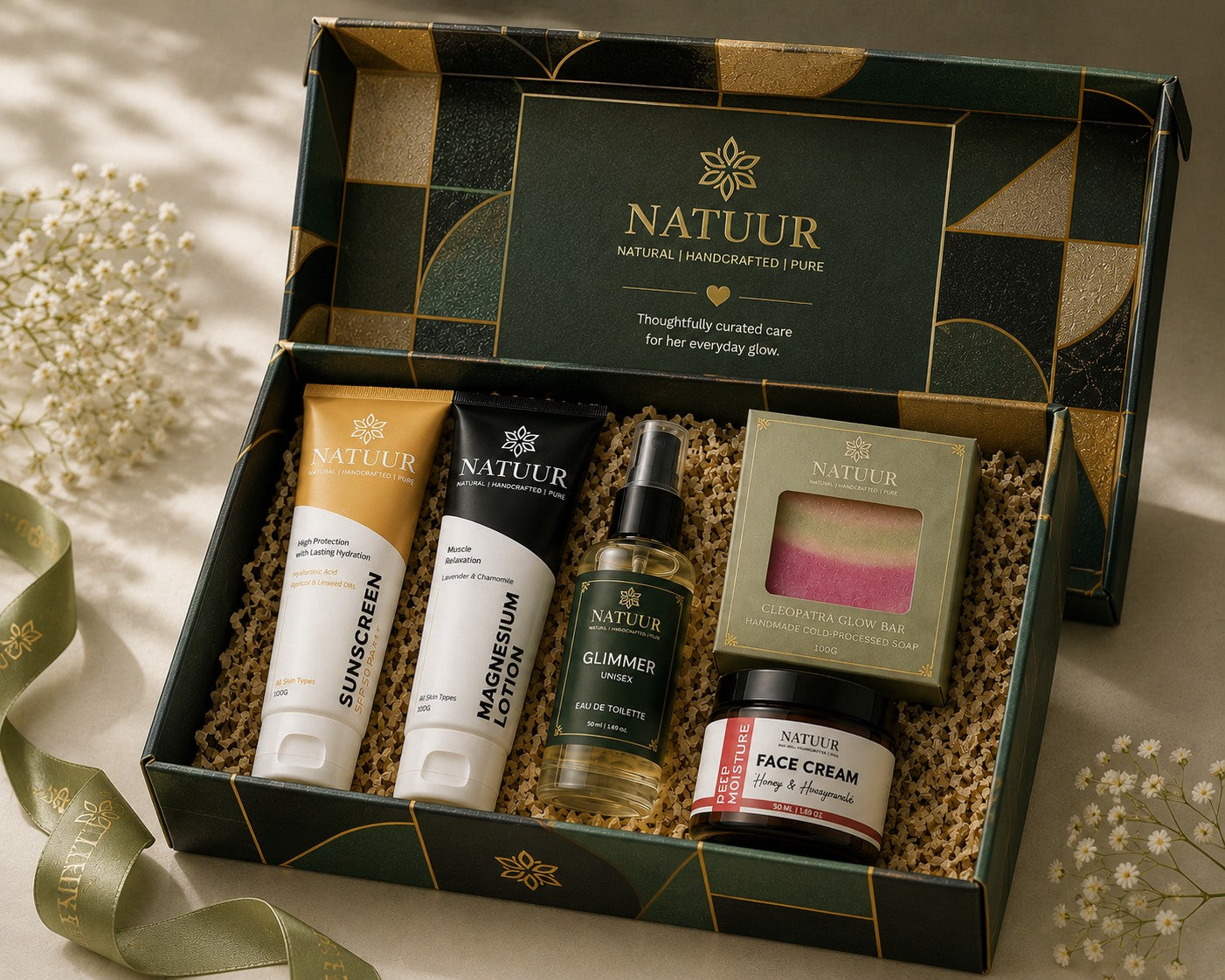 Natuur.in luxury wellness gift box containing sunscreen, magnesium lotion, fragrance, soap, and face cream.