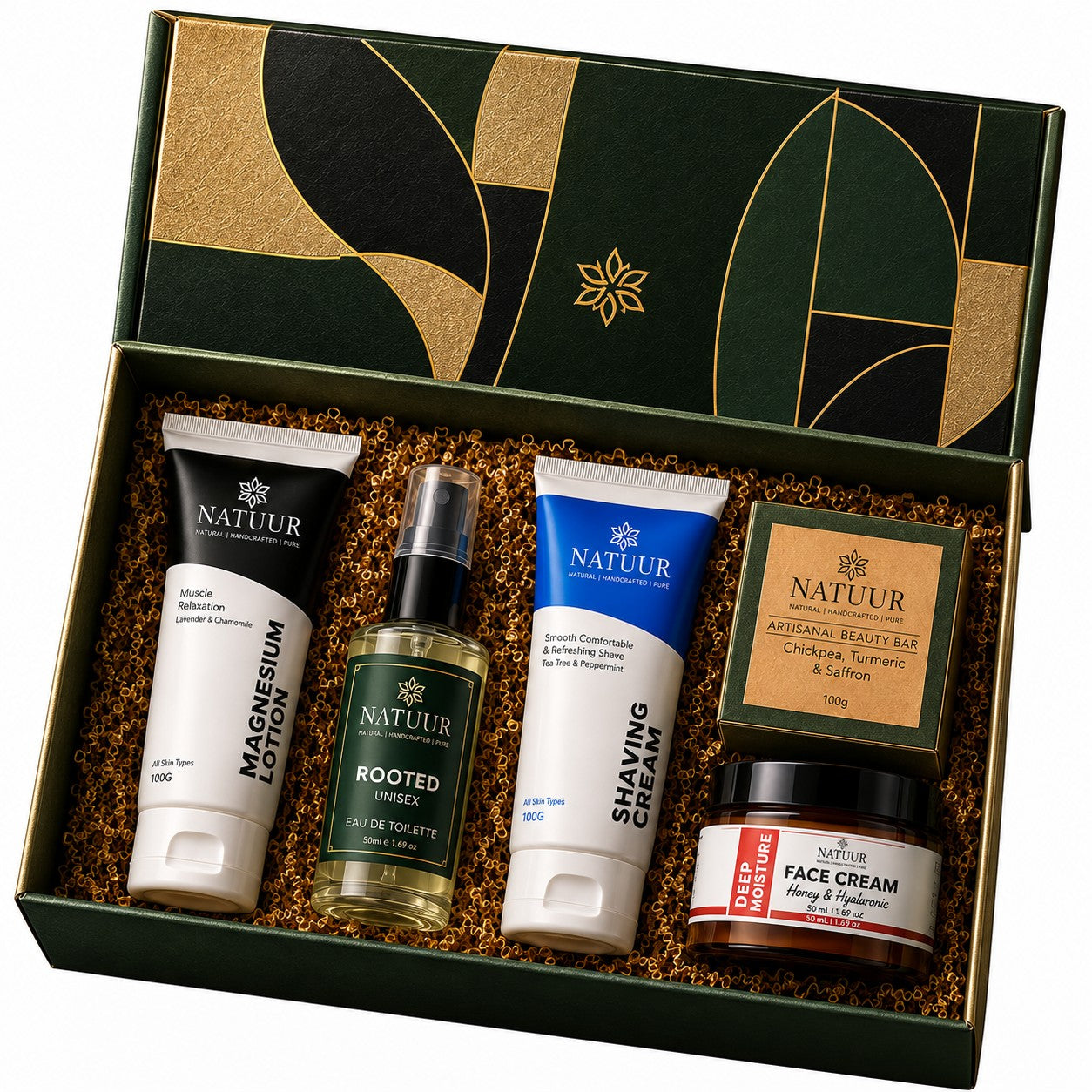Natuur.in luxury wellness gift box containing artisanal skincare, magnesium lotion, shaving cream, and fragrance.