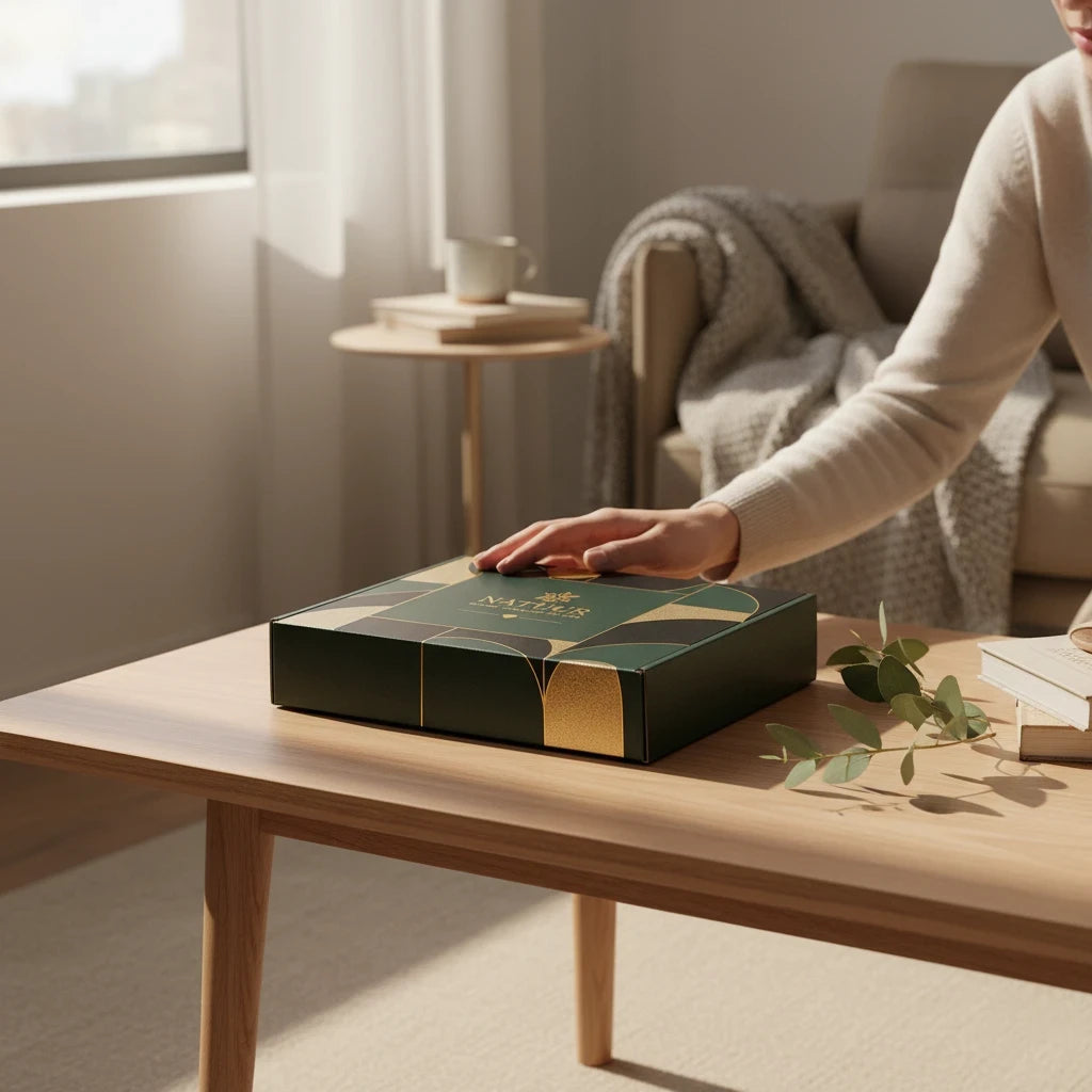 Natuur.in luxury wellness gift box in forest green with gold accents resting on a wooden table in a sunlit room