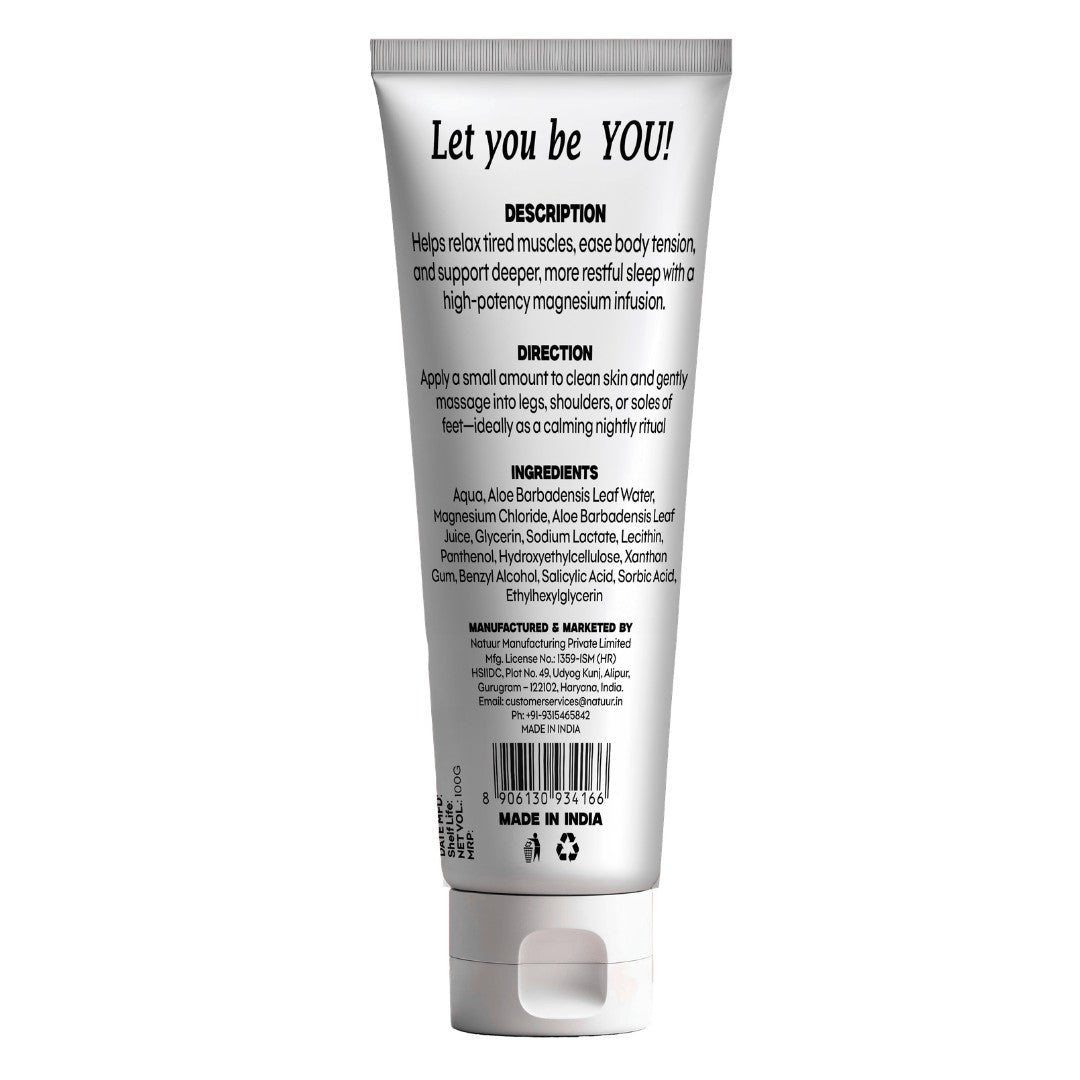 Back of Natuur.in Magnesium Muscle Relaxation Gel tube showing ingredients, directions, and product description.