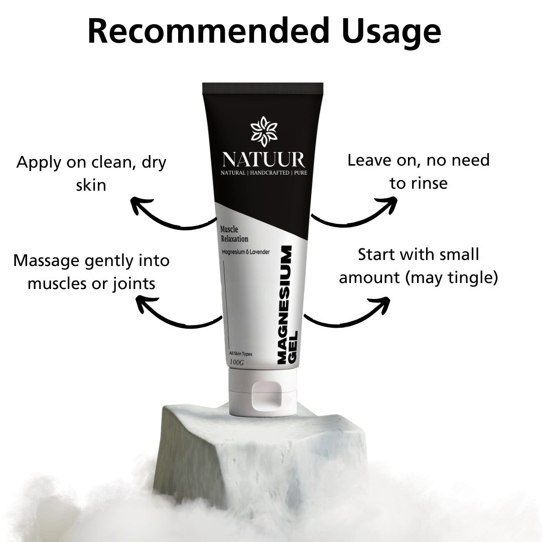 Natuur.in Magnesium Muscle Relaxation Gel tube with usage instructions on a stone pedestal in a misty setting.