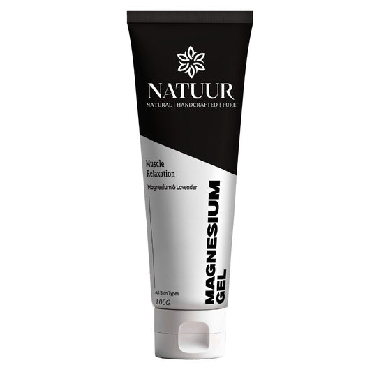 Natuur.in Magnesium Muscle Relaxation Gel in a black and white 100g tube with lavender and aloe for pain relief.