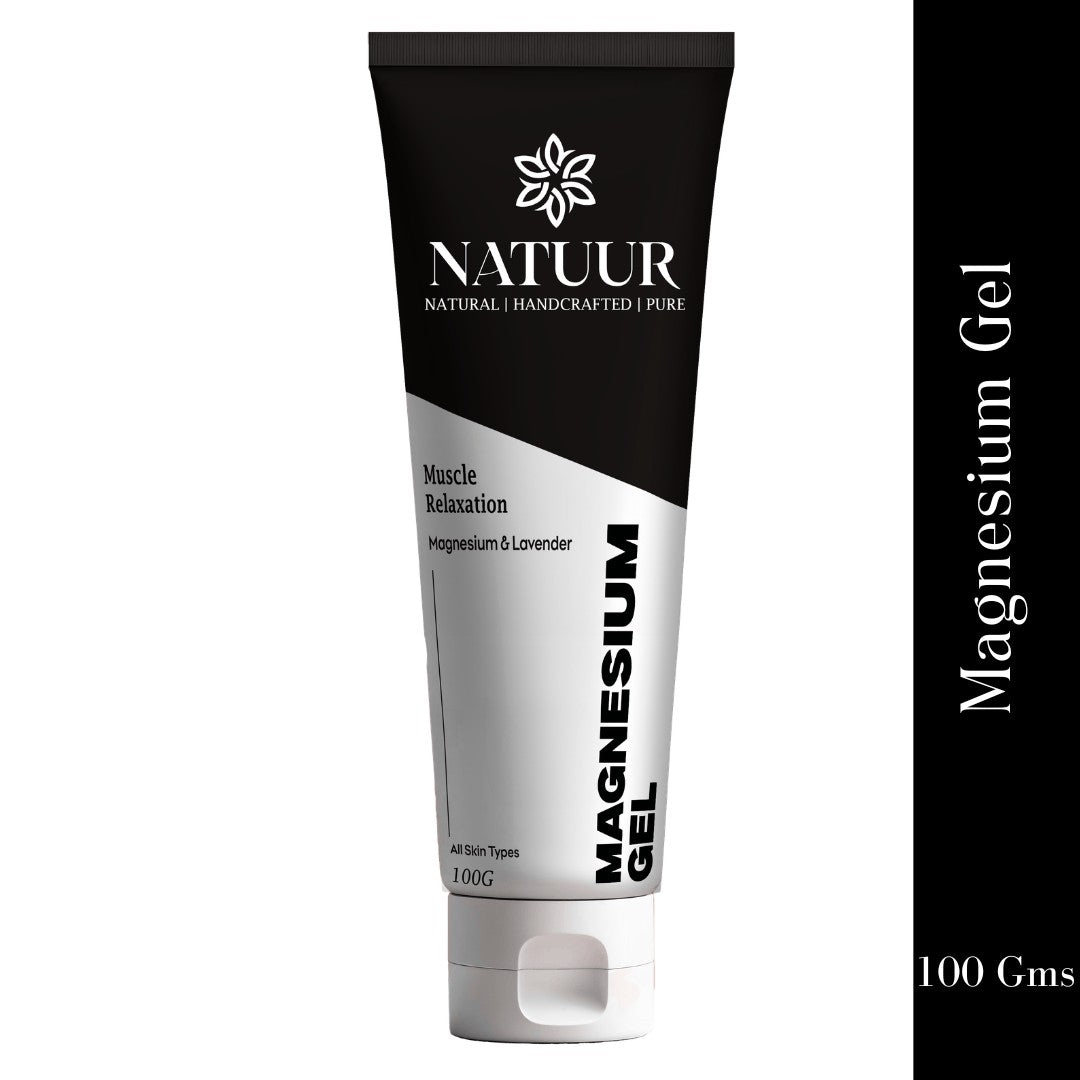 Natuur.in Magnesium Muscle Relaxation Gel in a 100g black and white squeeze tube with lavender and aloe formula.