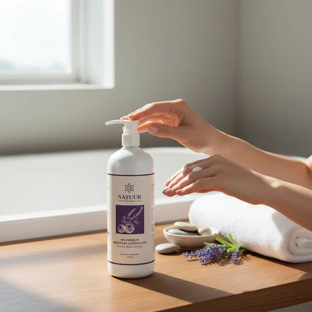 Natuur.in magnesium recovery lotion with coconut and lavender, being applied to hands in a relaxing bathroom setting.
