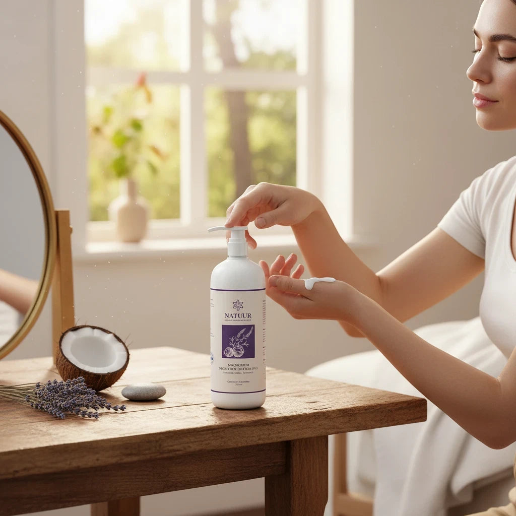 Natuur.in magnesium recovery lotion with coconut and lavender, being applied by a woman in a bright, calm room.