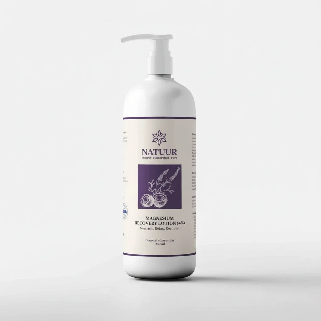 Natuur.in magnesium recovery lotion with coconut and lavender in a white pump bottle for muscle relaxation.