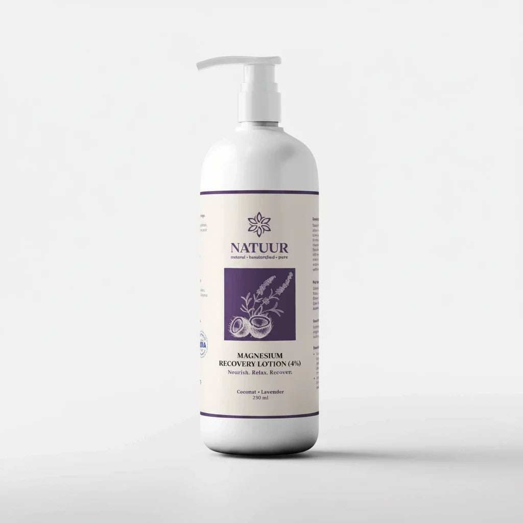 Natuur.in magnesium recovery lotion with coconut and lavender in a white pump bottle for muscle relaxation.