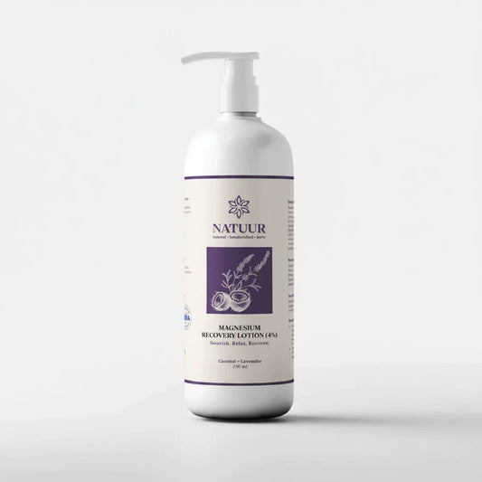 Natuur.in magnesium recovery lotion with coconut and lavender in a white pump bottle for muscle relaxation.