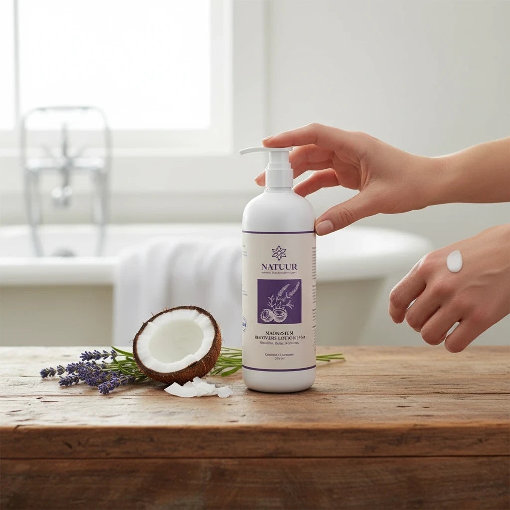 Natuur.in magnesium recovery lotion with coconut and lavender on a wooden table with a hand applying the cream