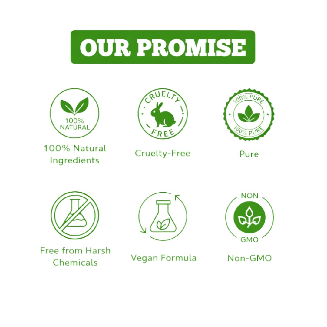 Natuur.in product promise icons showing 100% natural, cruelty-free, pure, chemical-free, vegan, and non-GMO labels.
