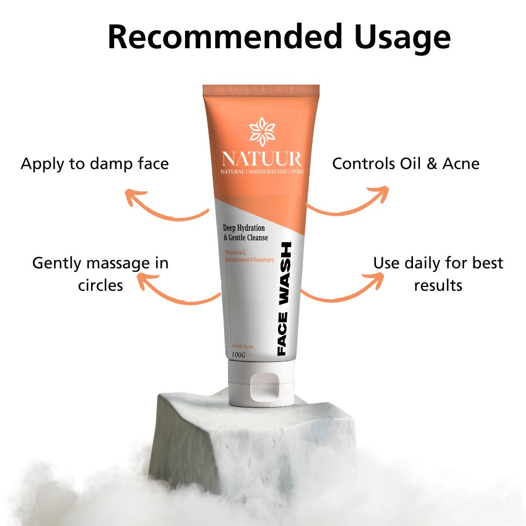 Natuur.in nourishing cream face wash tube with Vitamin E, sandalwood, and rosemary for daily hydration and acne care.