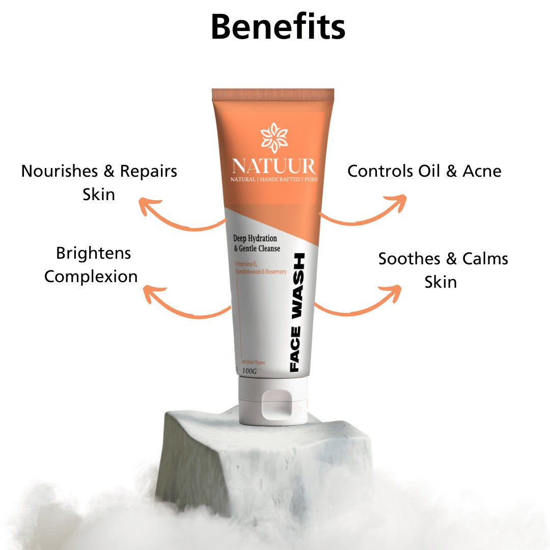 Natuur.in nourishing cream face wash with Vitamin E, sandalwood, and rosemary on a stone pedestal with benefit text.