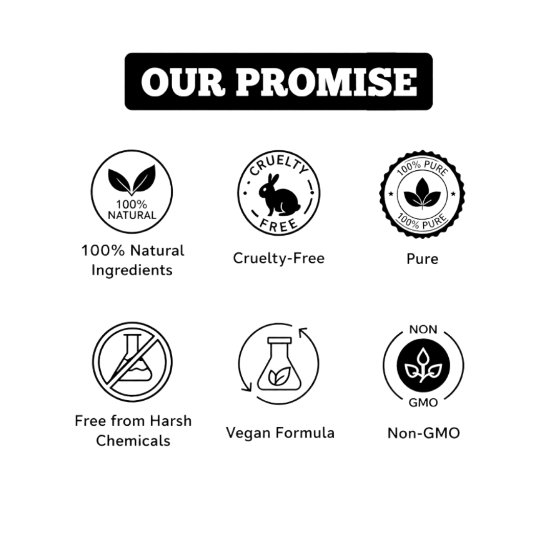 Natuur.in Our Promise infographic showing 100% natural, cruelty-free, pure, chemical-free, vegan, and non-GMO icons.