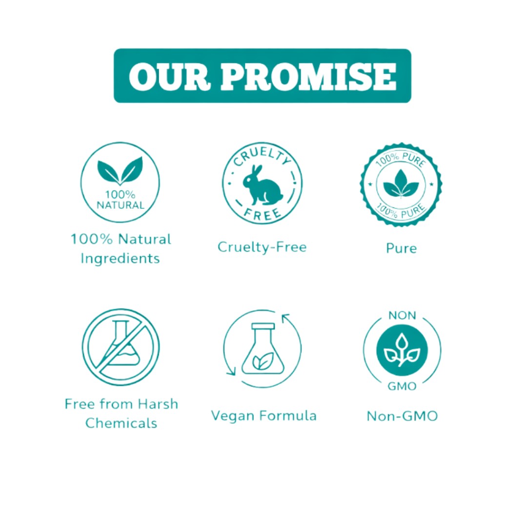 Natuur.in product promise icons showing 100% natural, cruelty-free, pure, chemical-free, vegan, and non-GMO labels.