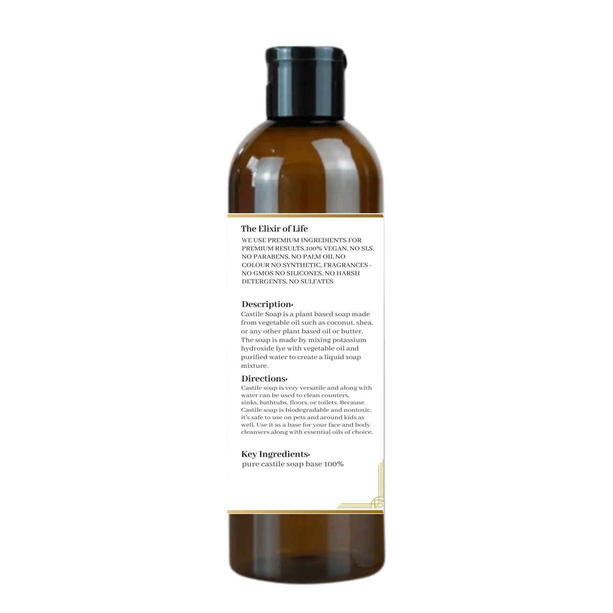 Natuur.in pure castile soap base in an amber plastic bottle with a detailed white product information label