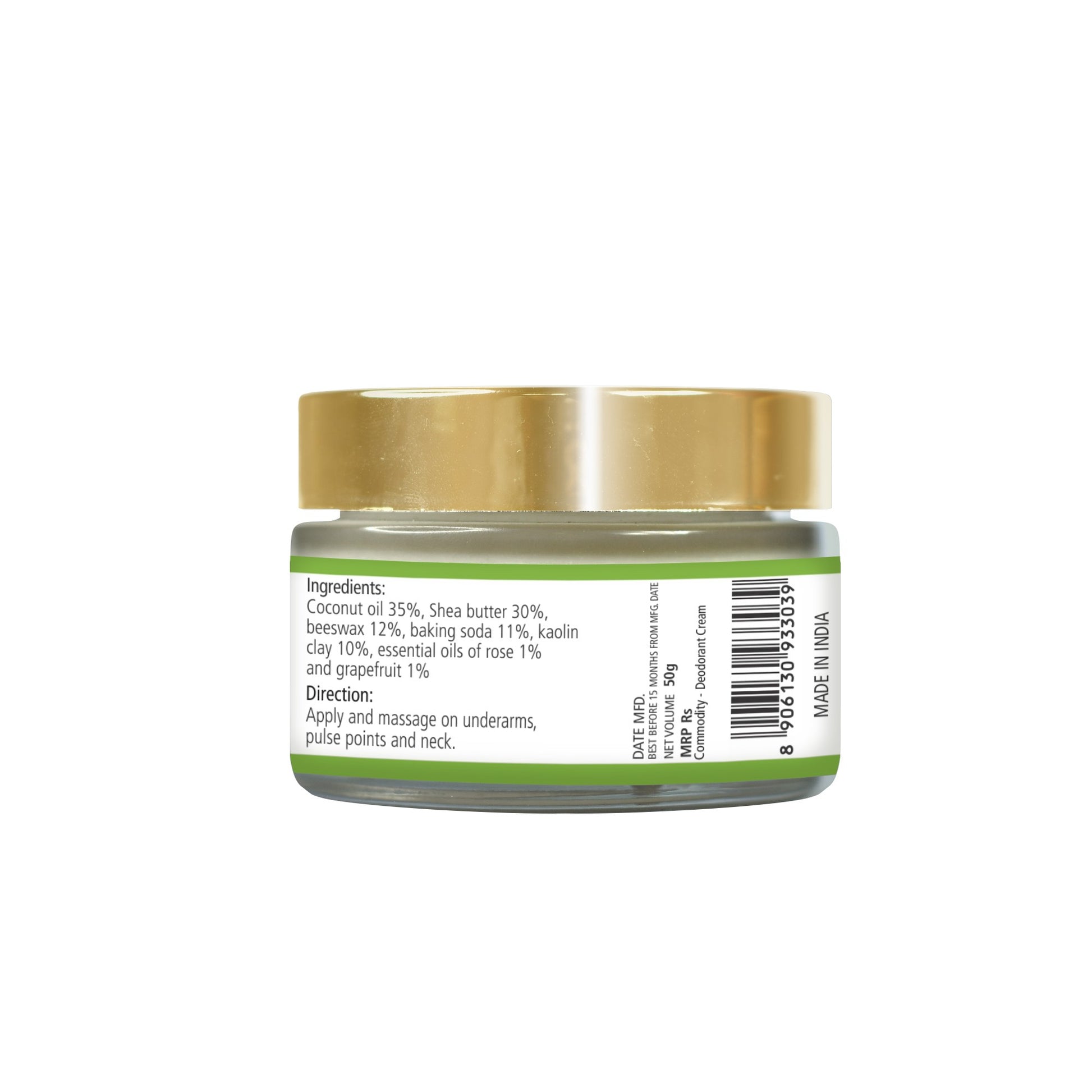 Natuur.in rose and grapefruit deodorant cream in a glass jar with gold lid, showing ingredient and usage label.