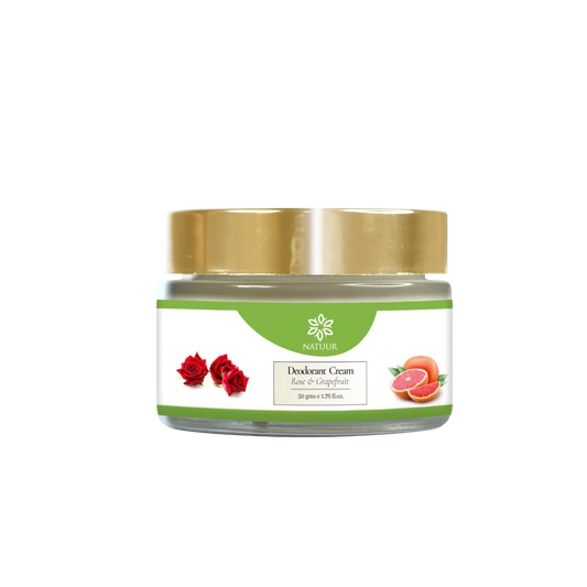 Natuur.in natural deodorant cream in a 50g glass jar with rose and grapefruit scent, featuring a gold lid.