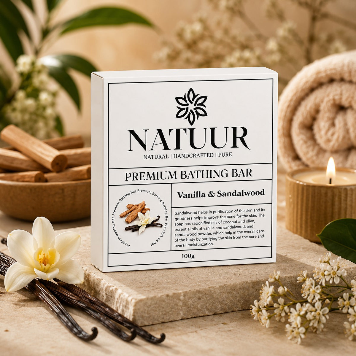 Natuur.in Sandalwood & Vanilla luxury soap bar in white packaging with vanilla flowers and sandalwood sticks.