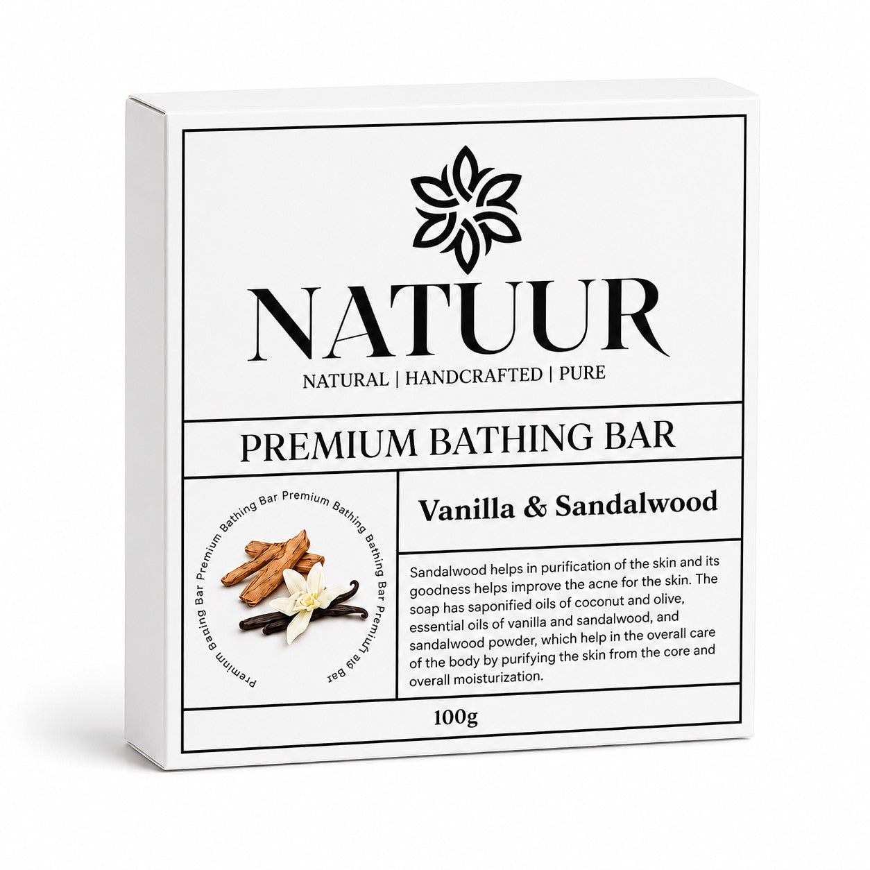 Natuur.in Sandalwood & Vanilla luxury handcrafted soap bar in white rectangular packaging with botanical illustrations.