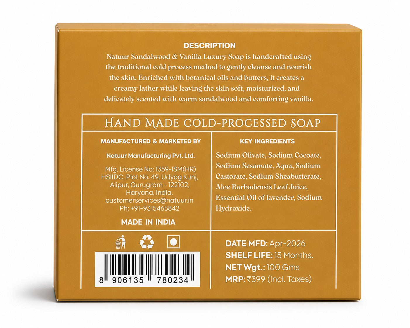 Natuur.in Sandalwood and Vanilla luxury soap box back label with ingredients and manufacturing details