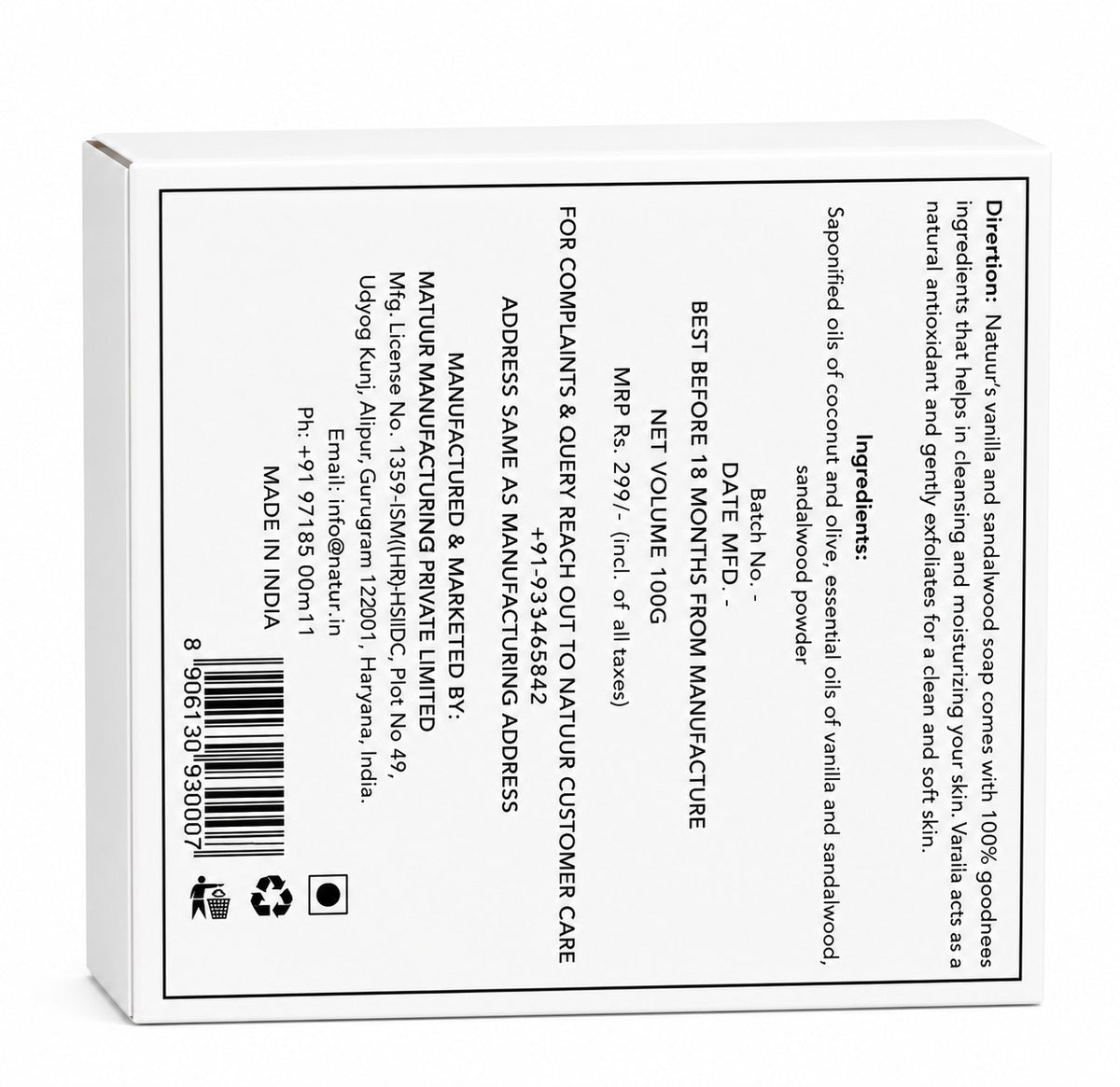 Natuur.in Sandalwood & Vanilla soap packaging back view showing ingredients, manufacturing details, and barcode.