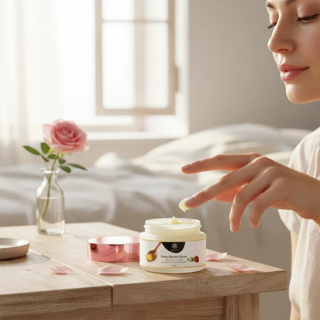 Natuur.in Shata Dhauta Ghrita rose night cream in a glass jar with a woman applying it to her face in a bright room.