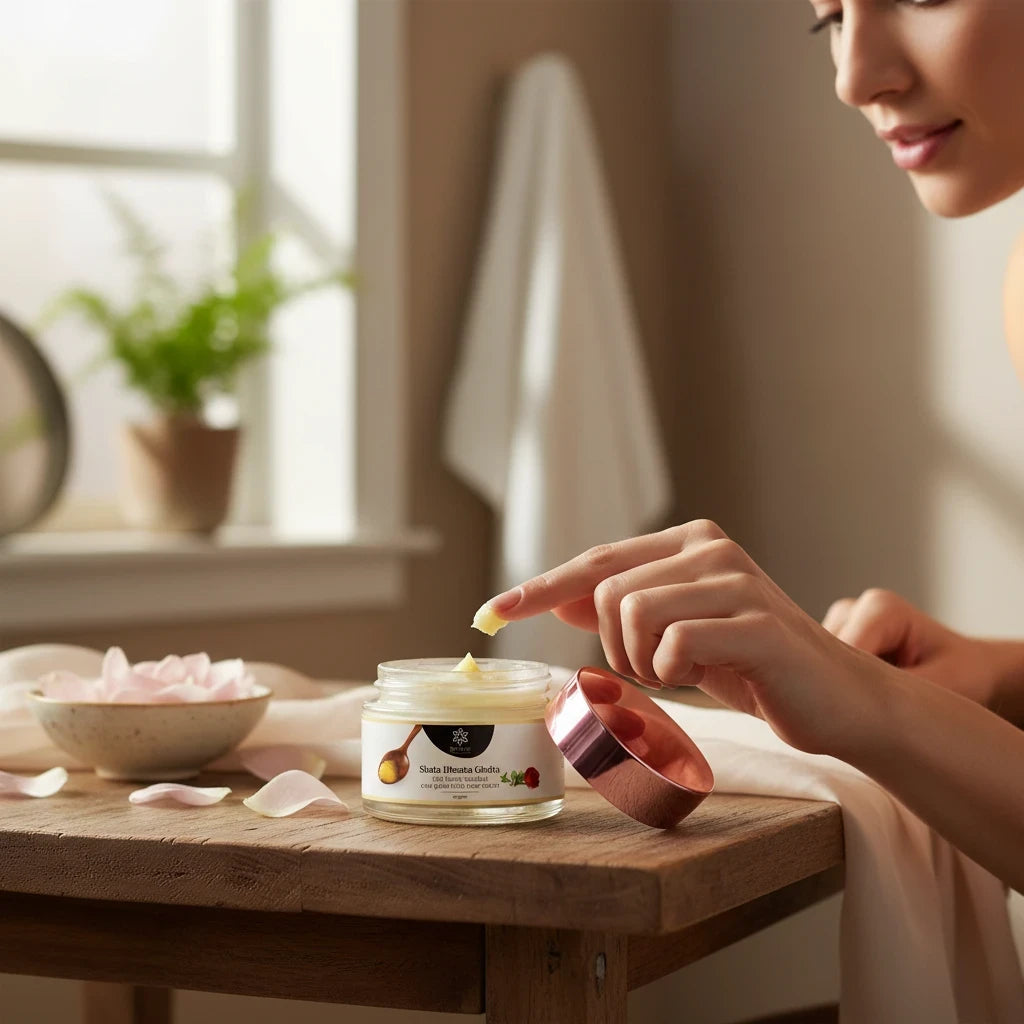Natuur.in Shata Dhauta Ghrita rose night cream in a glass jar being applied by a woman on a wooden table