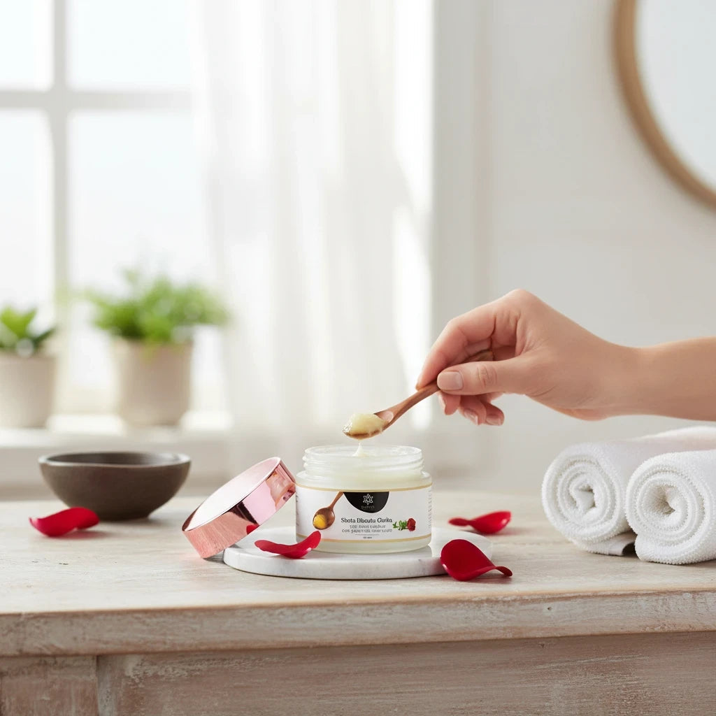 Natuur.in Shata Dhauta Ghrita rose night cream in a glass jar with a wooden spoon on a marble tray with rose petals.