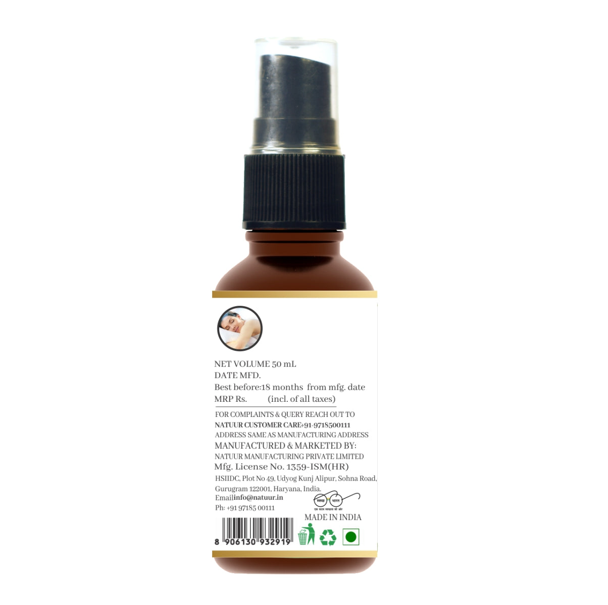 Natuur.in Sleep Ritual Mist in a 50ml amber spray bottle with lavender, chamomile, patchouli, and cardamom oils.