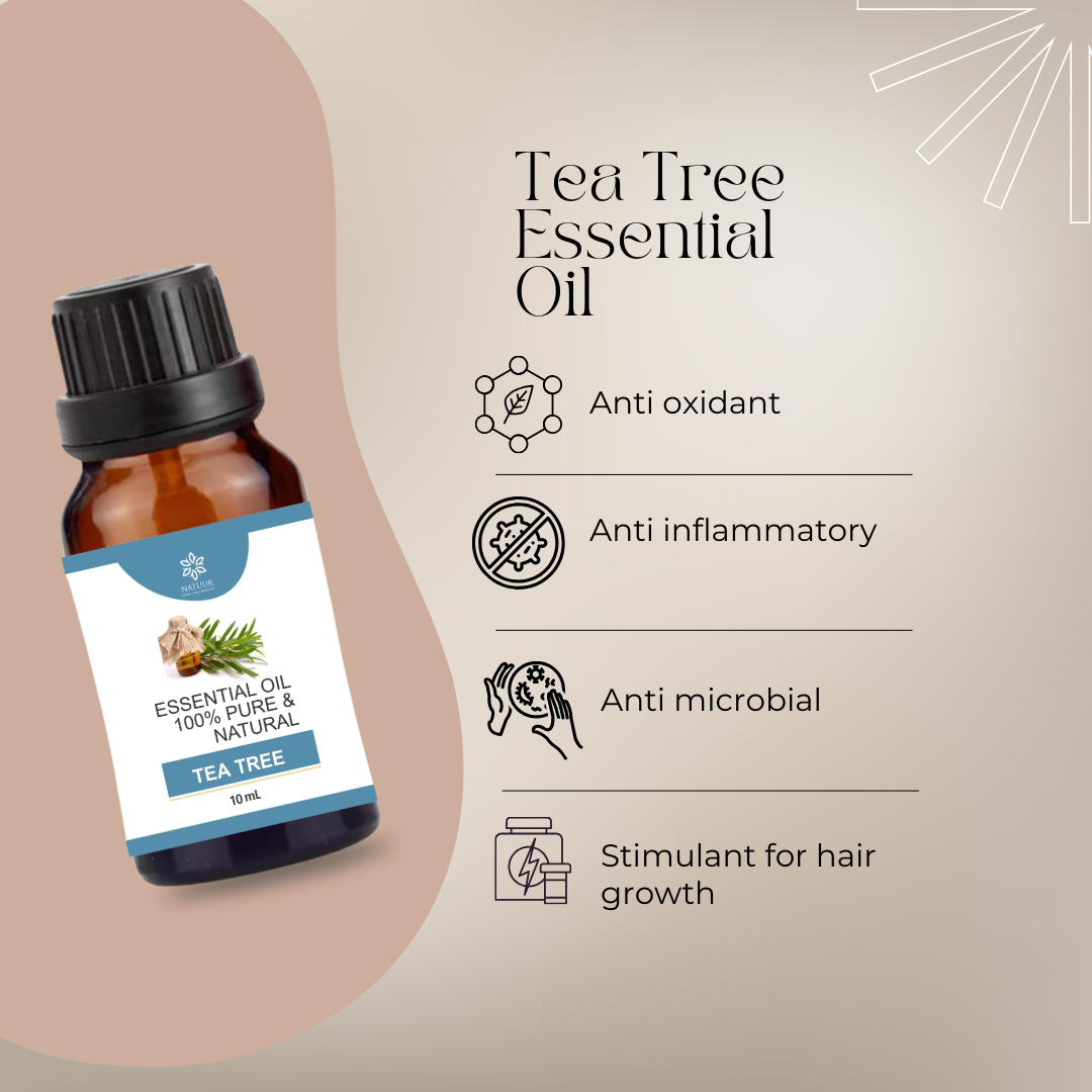 Natuur.in tea tree essential oil in a 10ml amber glass bottle with benefits listed for skin and hair health.