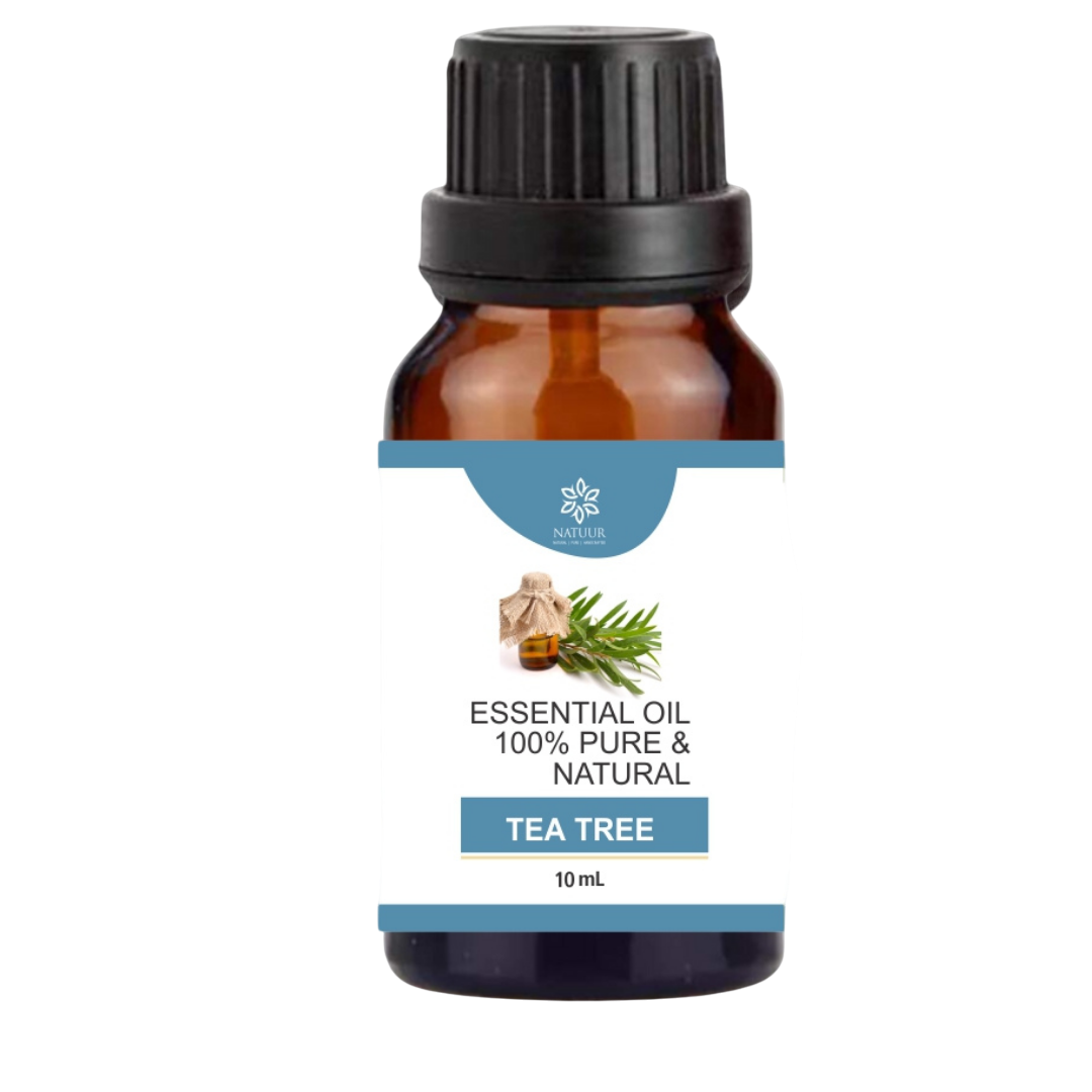 Natuur.in 10ml bottle of pure steam-distilled tea tree essential oil with a dropper cap and white label
