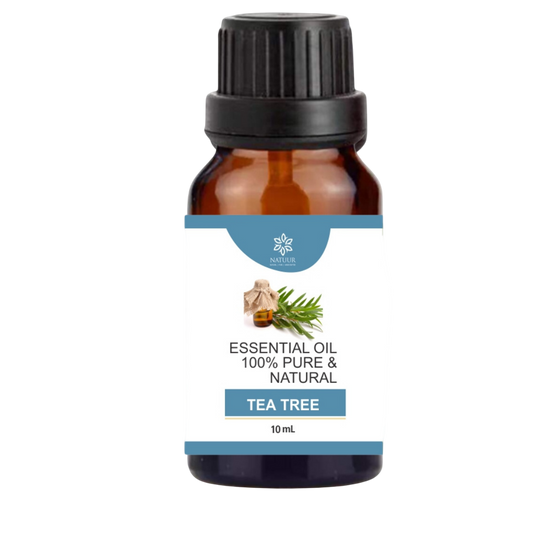 Natuur.in 10ml bottle of pure steam-distilled tea tree essential oil with a dropper cap and white label