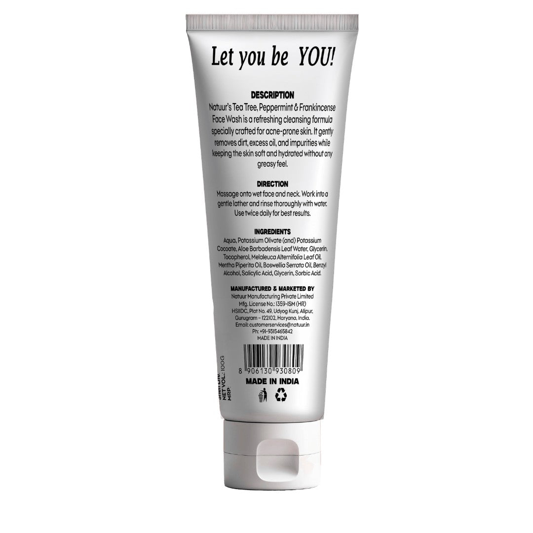 Back of Natuur.in Tea Tree Face Wash tube showing ingredients, directions, and product description details.