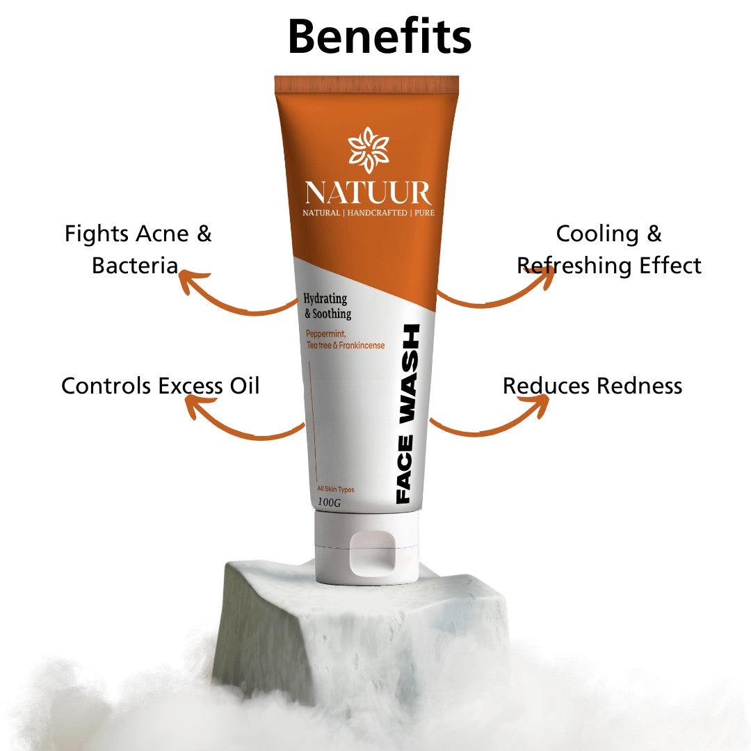 Natuur.in tea tree face wash tube on a stone pedestal with text highlighting acne, oil, and redness benefits.