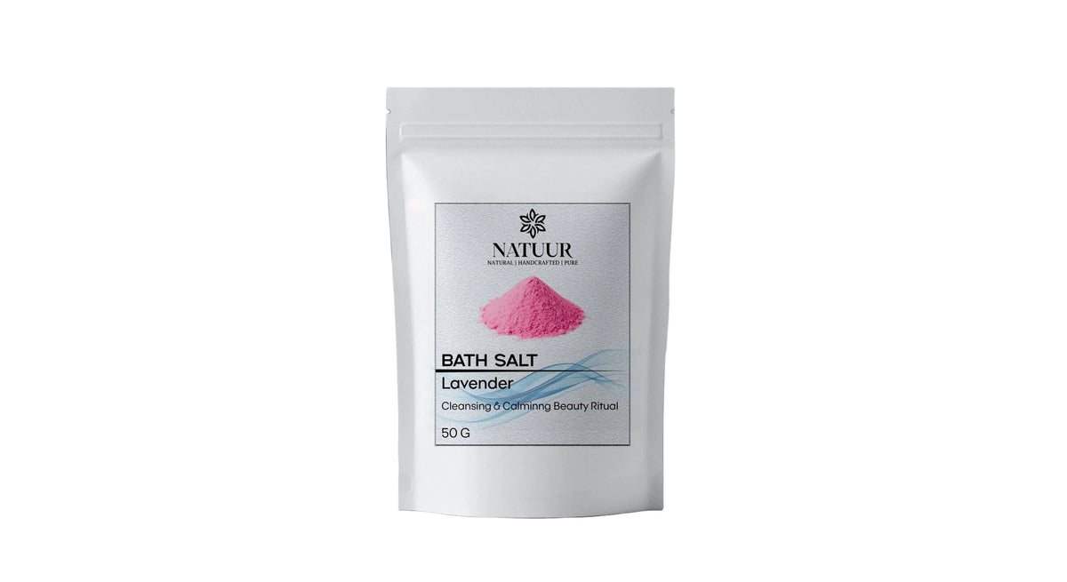 Natuur lavender sleep bath salts in a 50g white pouch with Himalayan salt for a calming beauty ritual