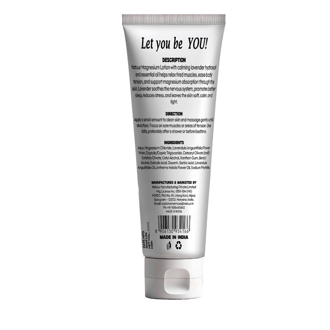 Natuur Magnesium Recovery Lotion tube back label with ingredients and usage instructions for muscle relaxation.