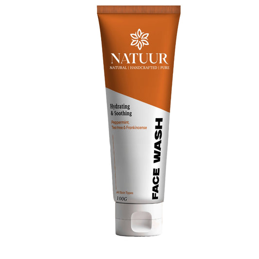 Natuur.in tea tree face wash in a 100g tube with peppermint and frankincense for hydrating and soothing skin